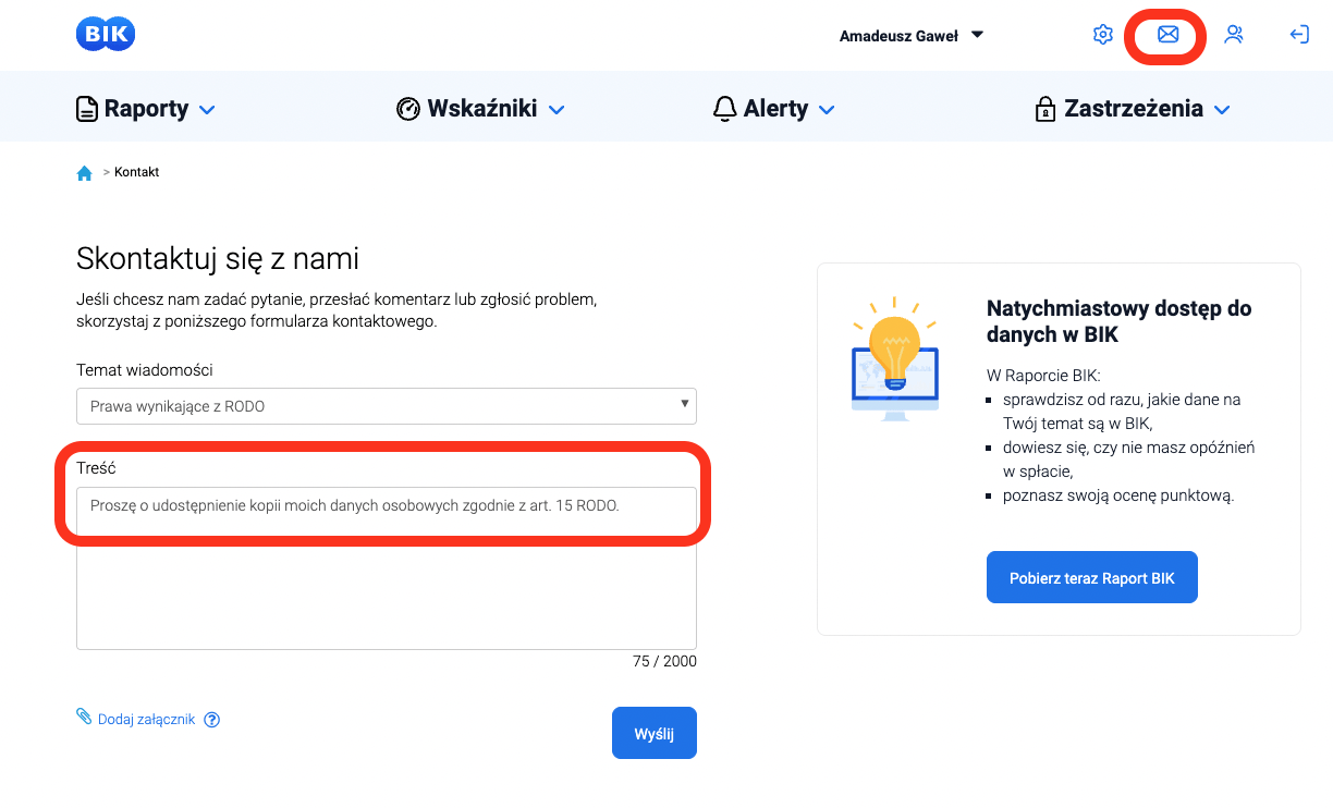 Widok portalu BIK dotyczący bezpłatnej kopii danych