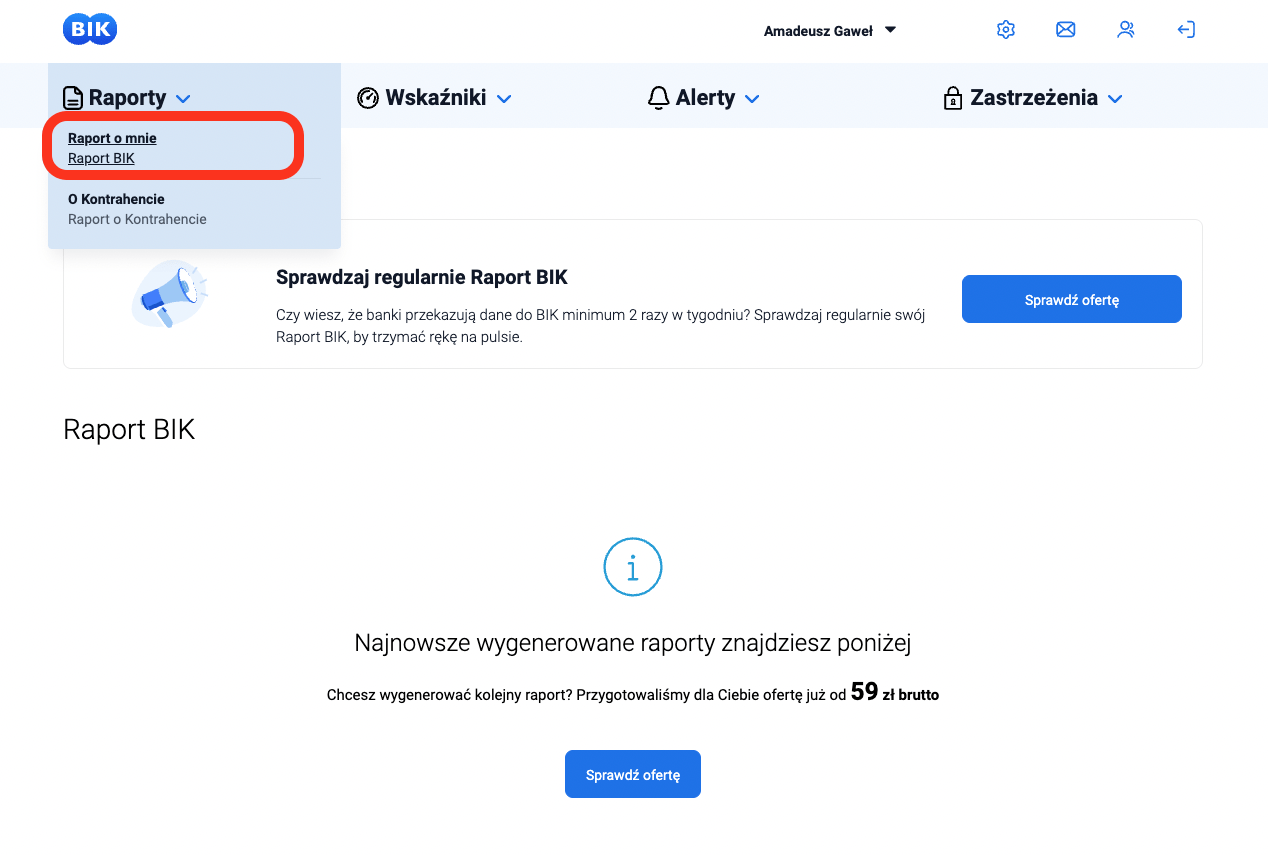 Widok portalu BIK dotyczący zamówienia płatnego Raportu BIK