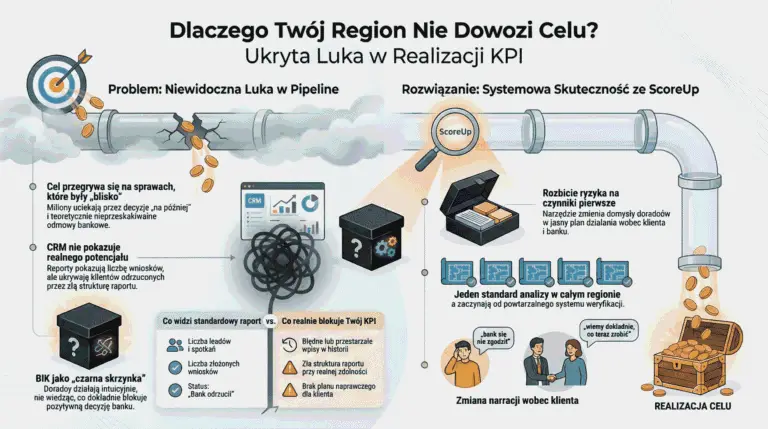 Dyrektor regionu pośredników kredytowych analizuje KPI kwartalne i wpływ raportu BIK na konwersję finansowań