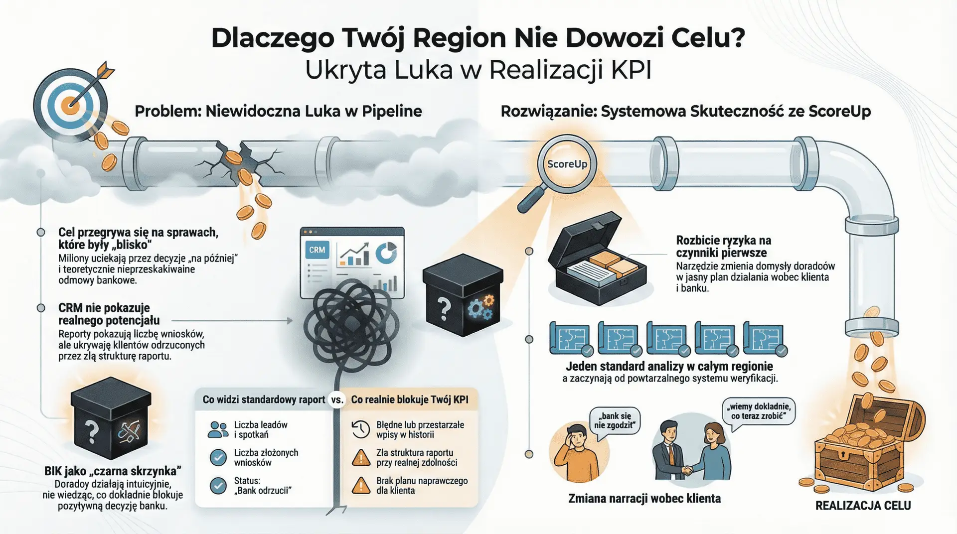 Dyrektor regionu pośredników kredytowych analizuje KPI kwartalne i wpływ raportu BIK na konwersję finansowań